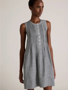 Quince 100% European Linen Gingham Swing Dress Black White Pockets L Like New